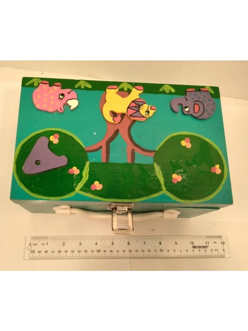 Hand Painted Wood Lunchbox Hippos Storage Box Africa Scene Handmade Blue 3D